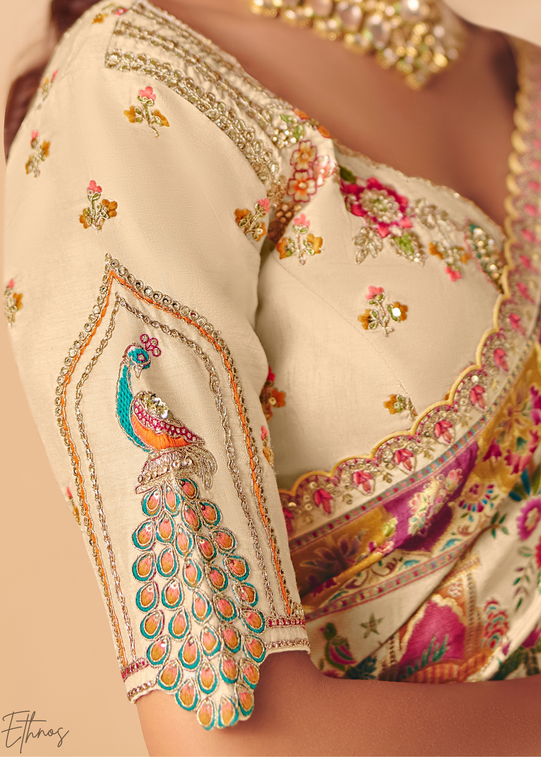 Ivory Mughal Dola Silk Saree