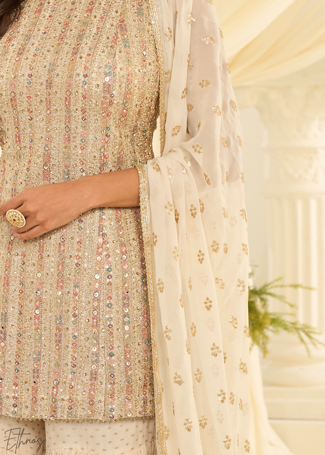 Ivory Sequins Georgette Sharara Suit