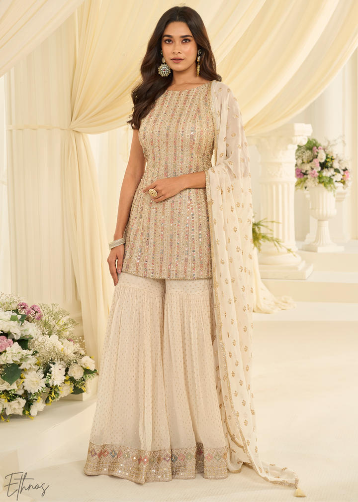 Ivory Sequins Georgette Sharara Suit