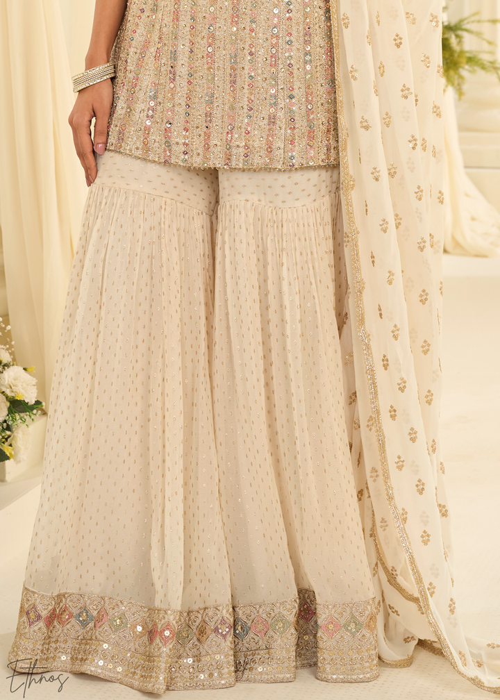 Ivory Sequins Georgette Sharara Suit