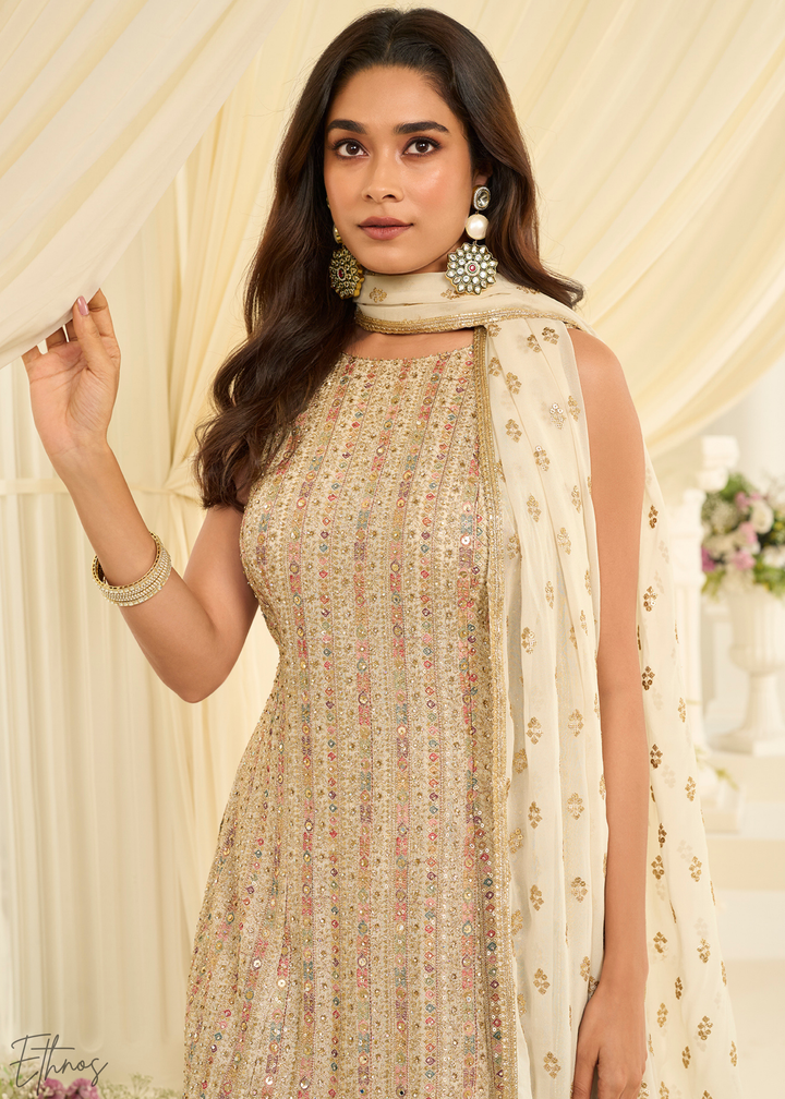 Ivory Sequins Georgette Sharara Suit