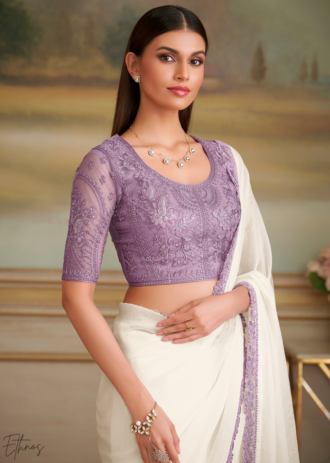 Ivory Sparkle Luxe Georgette Saree