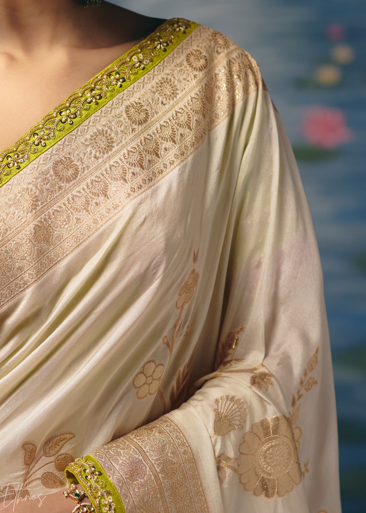 Ivory Traditional Zari Woven Border Dola Silk Saree