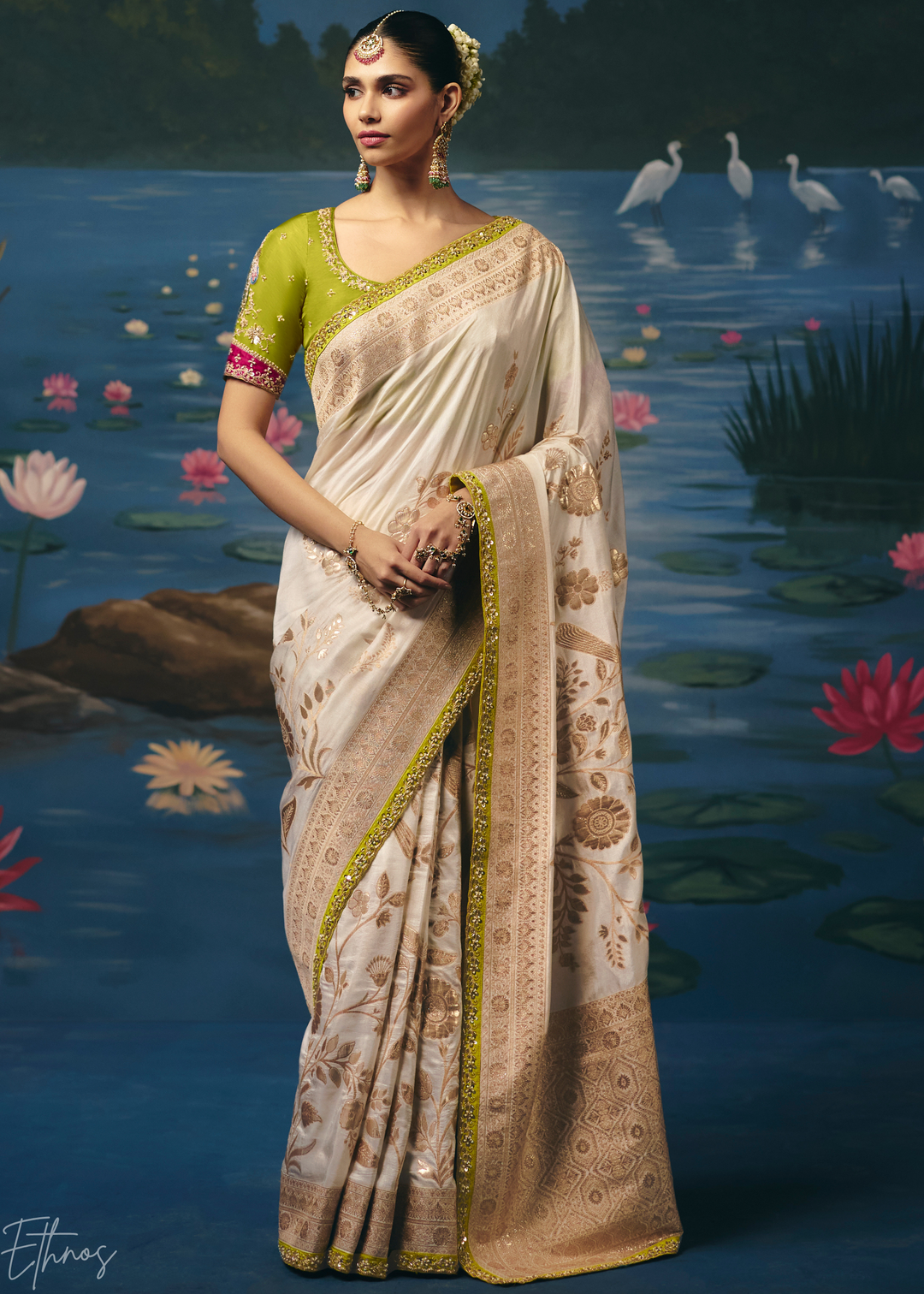 Ivory Traditional Zari Woven Border Dola Silk Saree