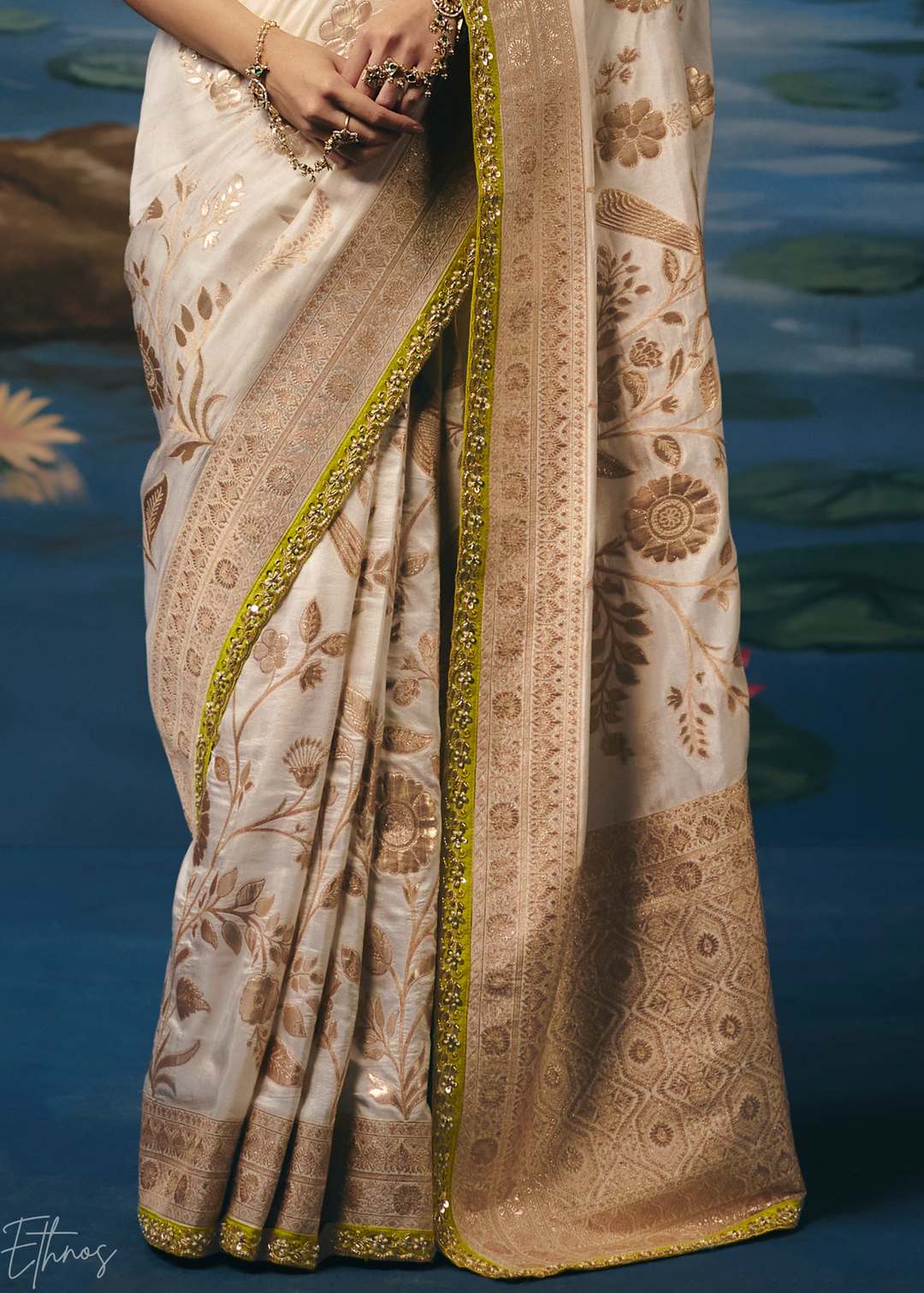 Ivory Traditional Zari Woven Border Dola Silk Saree