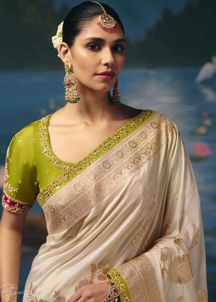 Ivory Traditional Zari Woven Border Dola Silk Saree