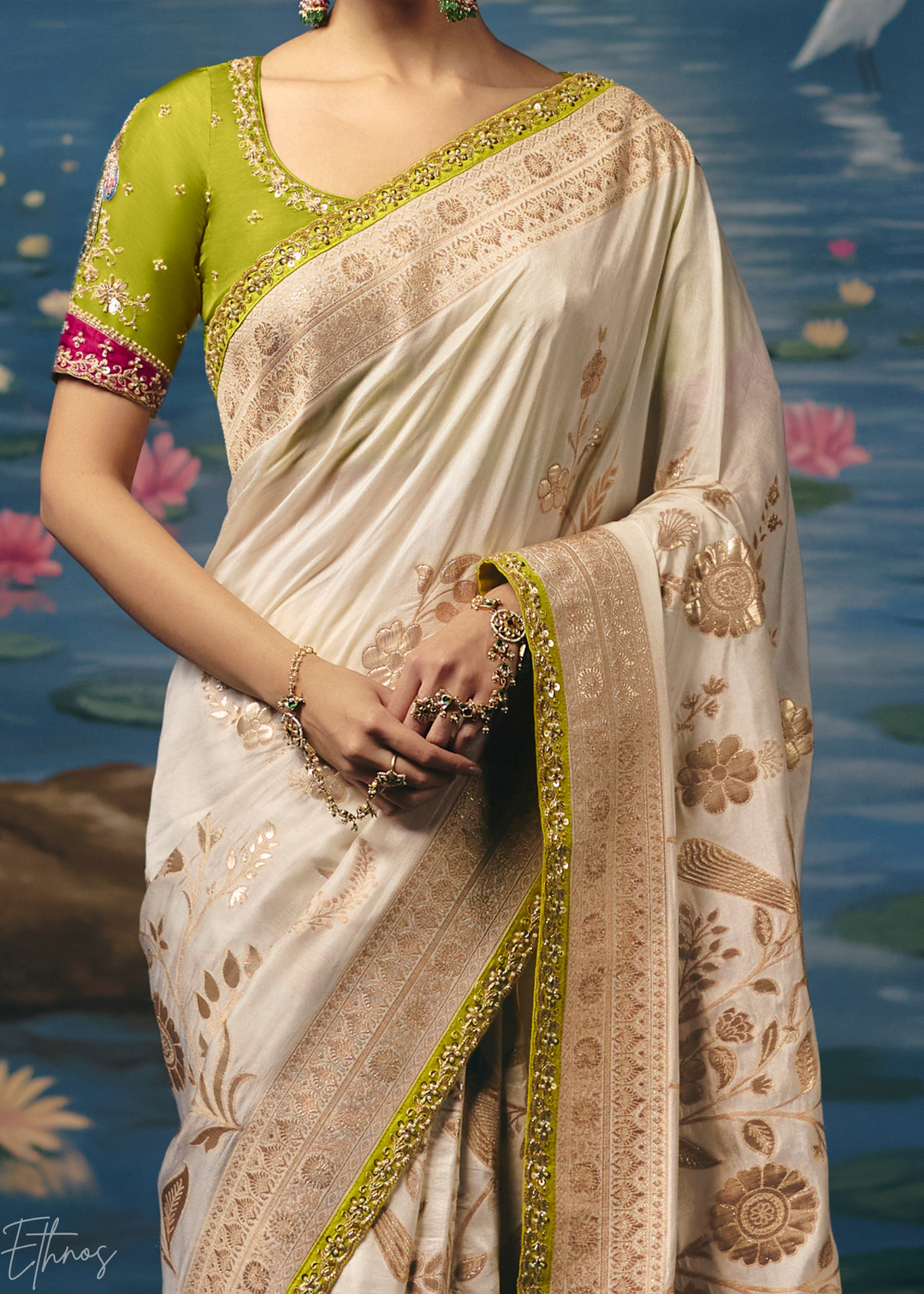Ivory Traditional Zari Woven Border Dola Silk Saree