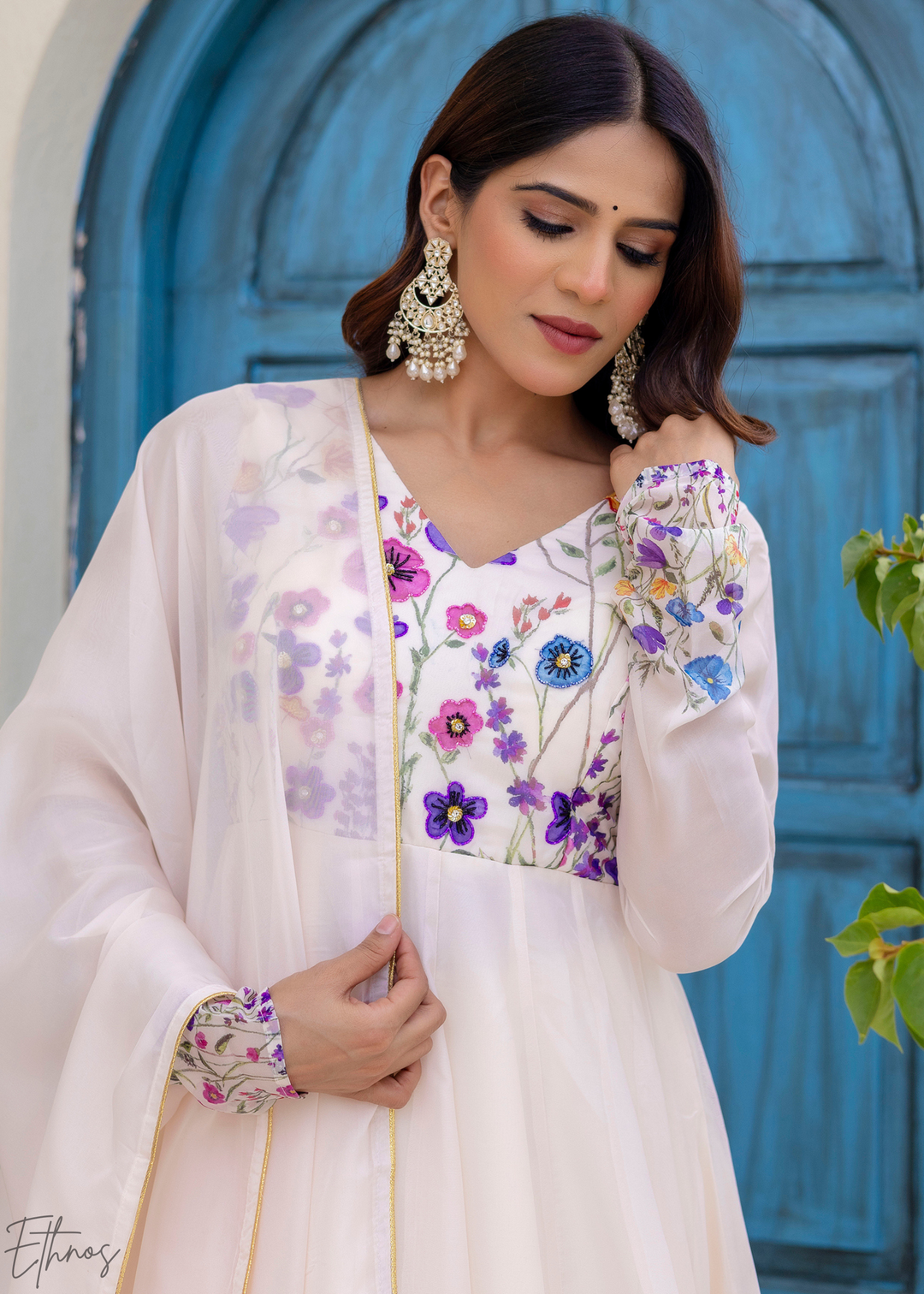 Ivory White Cornflower-Meadow Organza Anarkali Suit