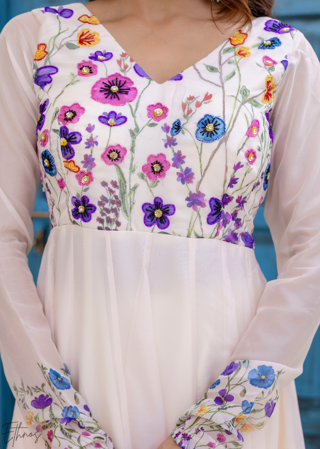 Ivory White Cornflower-Meadow Organza Anarkali Suit