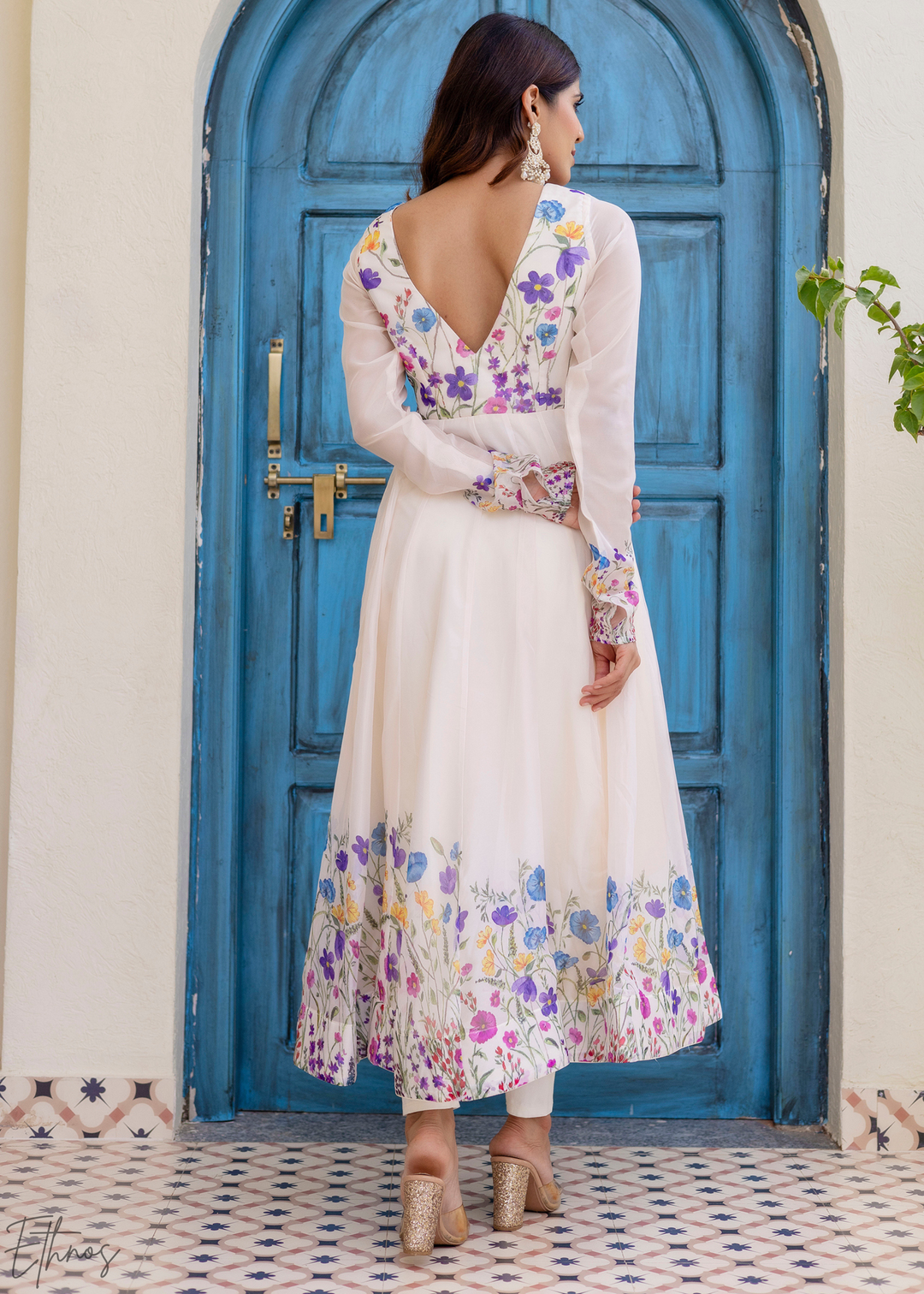 Ivory White Cornflower-Meadow Organza Anarkali Suit
