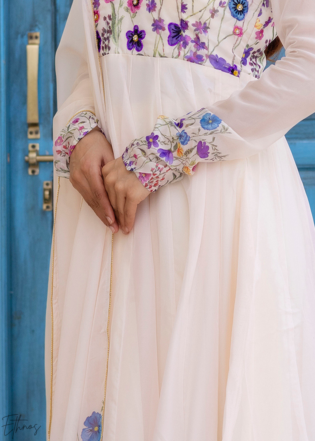 Ivory White Cornflower-Meadow Organza Anarkali Suit