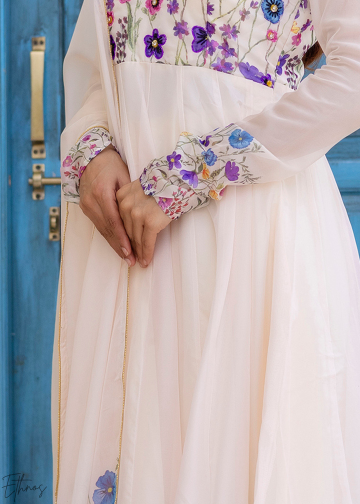 Ivory White Cornflower-Meadow Organza Anarkali Suit