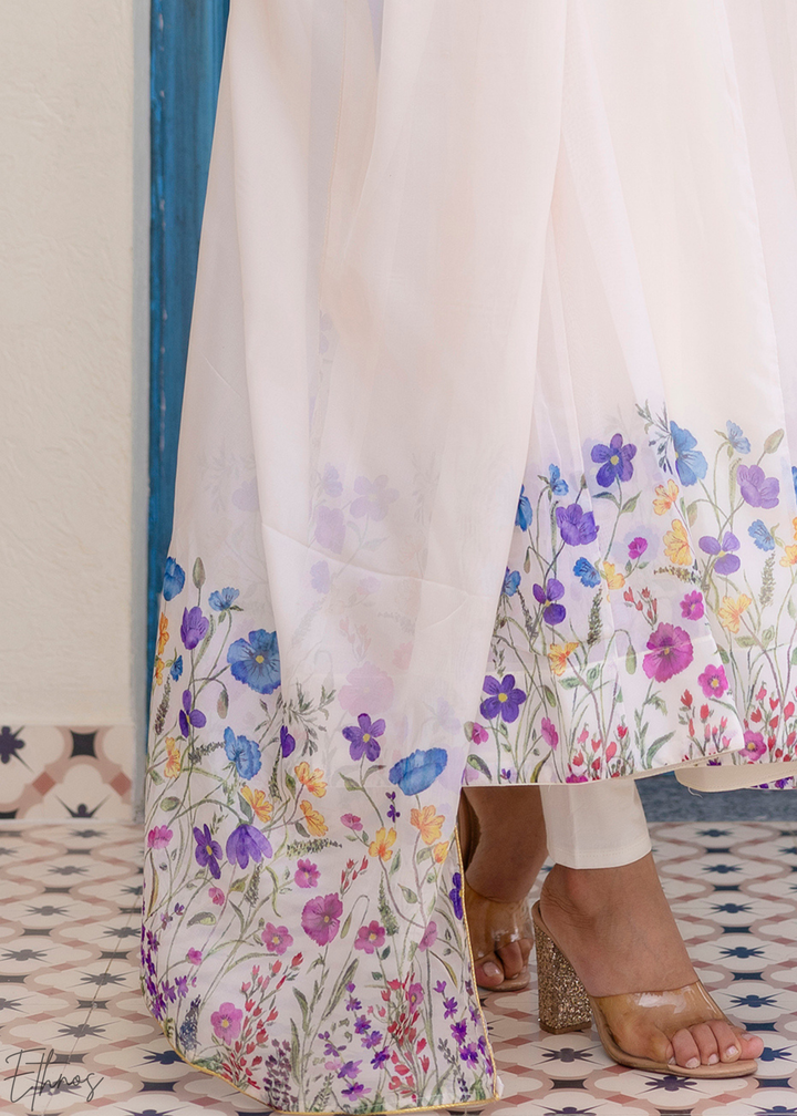 Ivory White Cornflower-Meadow Organza Anarkali Suit