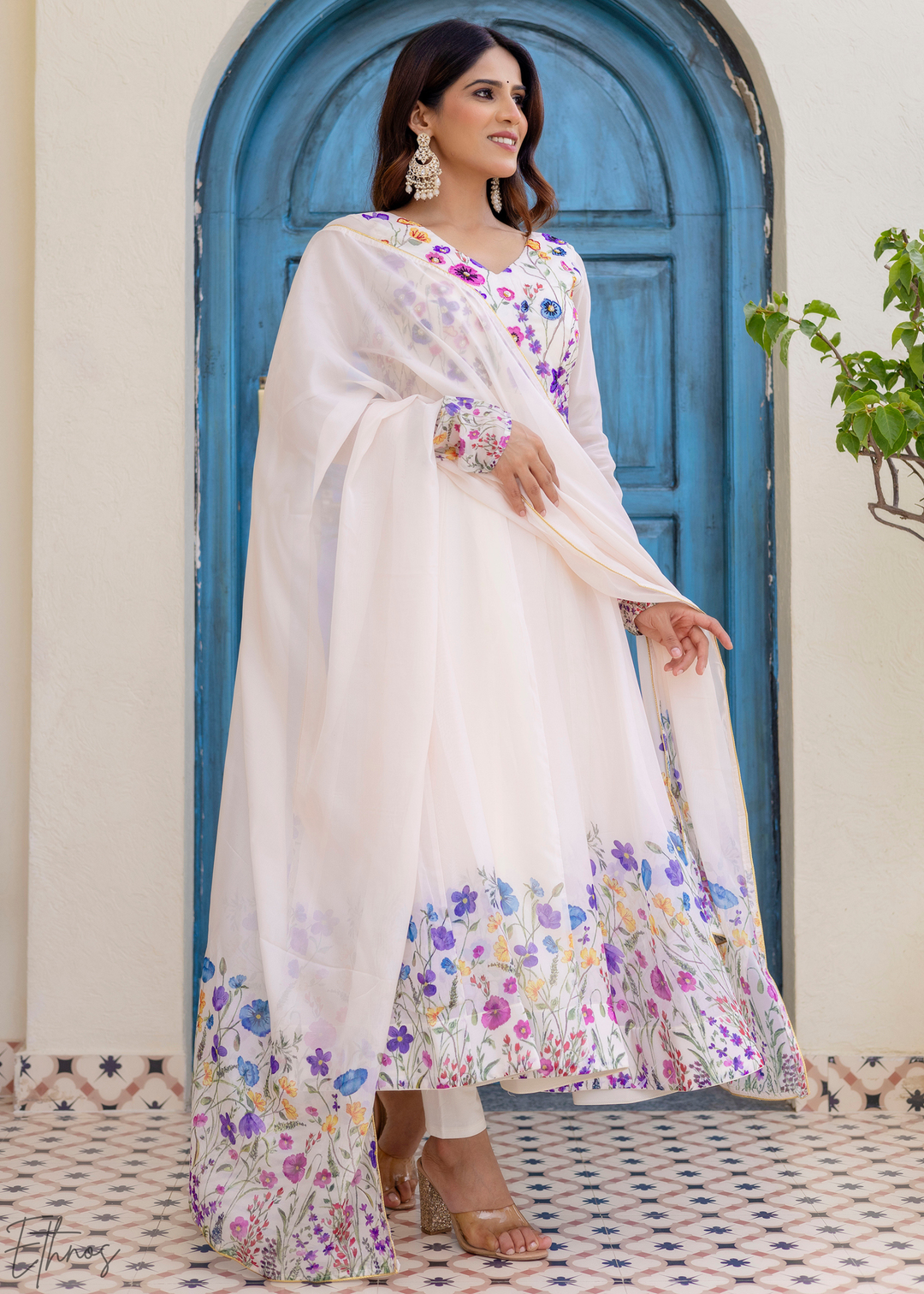 Ivory White Cornflower-Meadow Organza Anarkali Suit