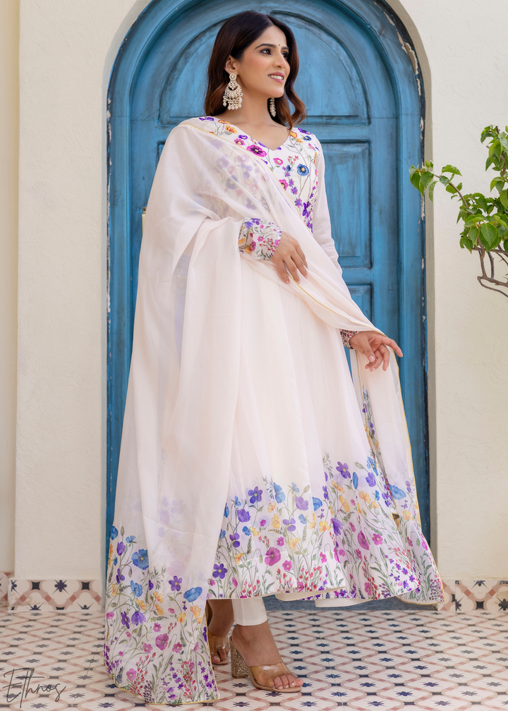 Ivory White Cornflower-Meadow Organza Anarkali Suit