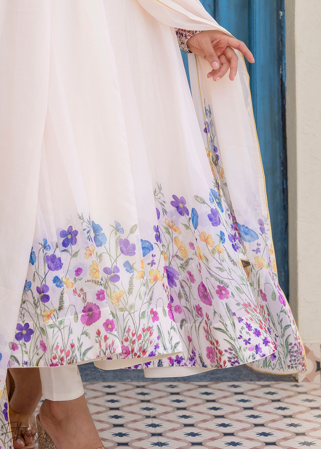 Ivory White Cornflower-Meadow Organza Anarkali Suit