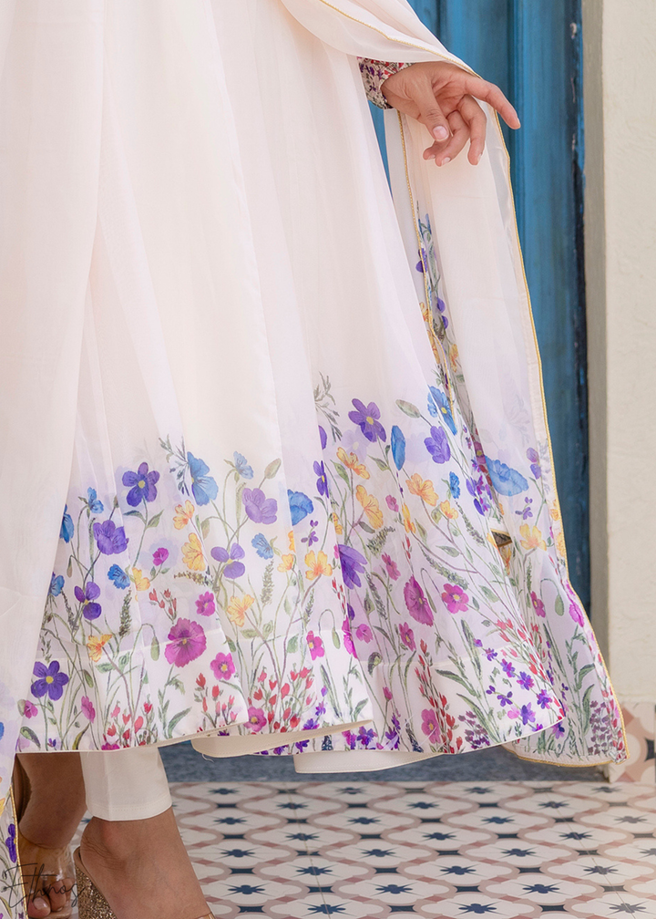 Ivory White Cornflower-Meadow Organza Anarkali Suit