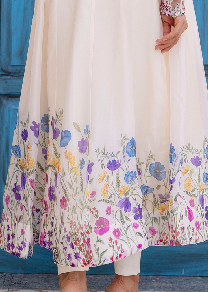 Ivory White Cornflower-Meadow Organza Anarkali Suit