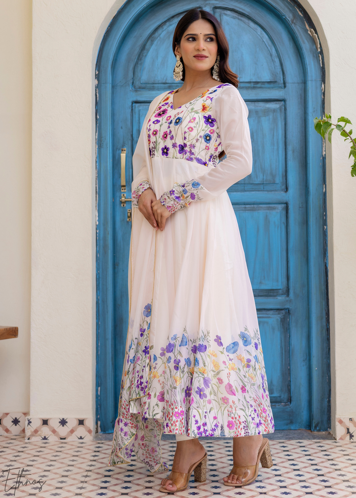 Ivory White Cornflower-Meadow Organza Anarkali Suit