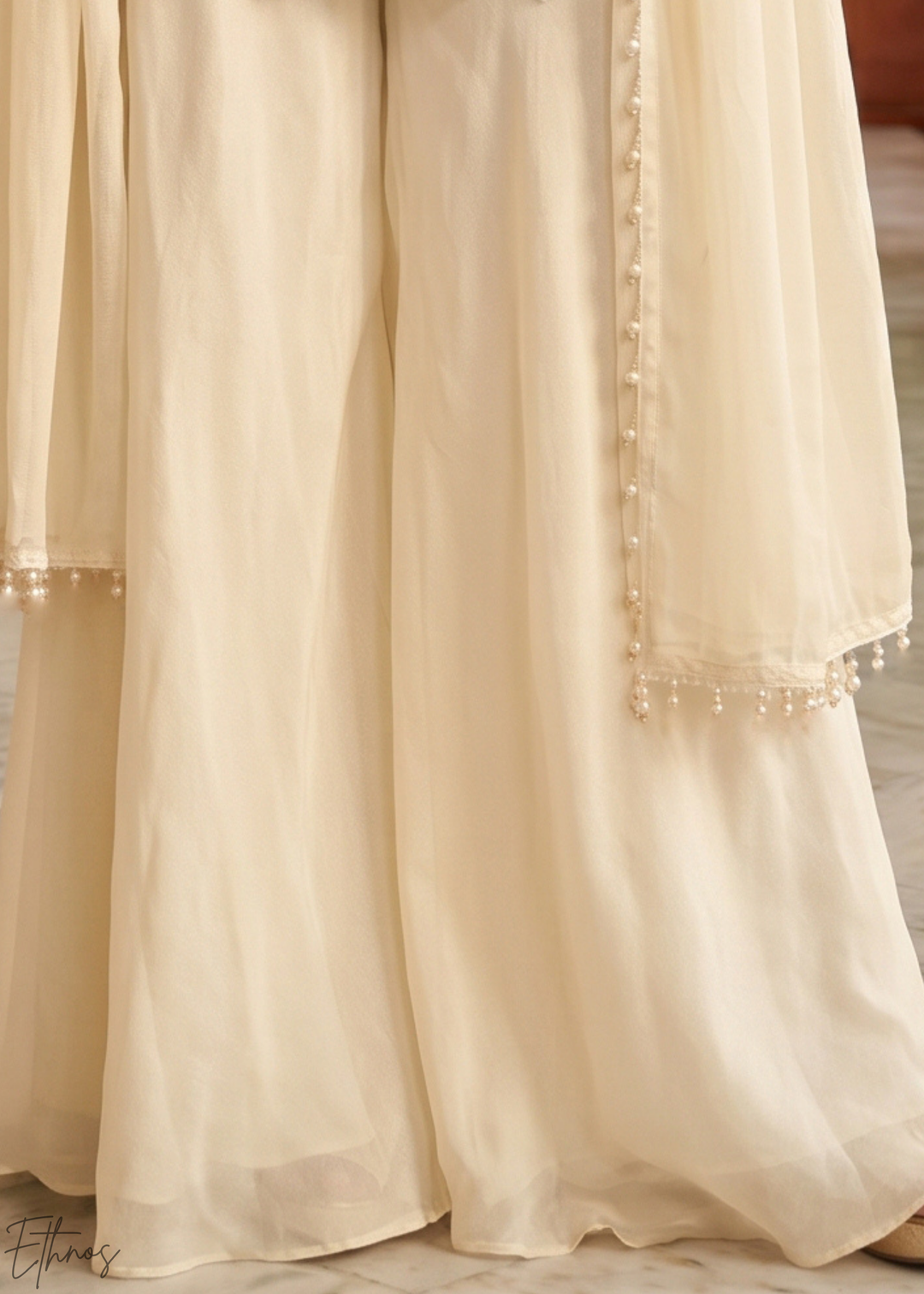 Ivory White Fine-Beaded Chinon Sharara Suit