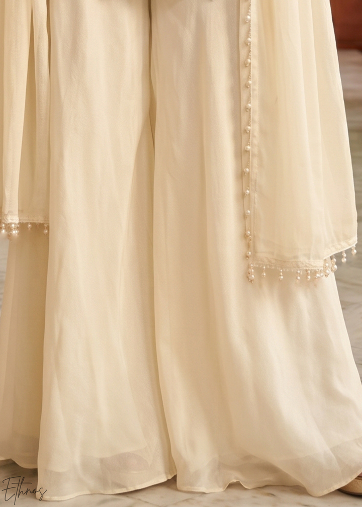 Ivory White Fine-Beaded Chinon Sharara Suit