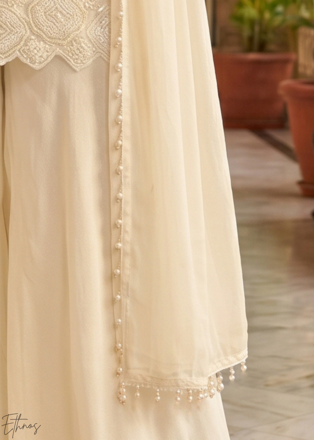 Ivory White Fine-Beaded Chinon Sharara Suit