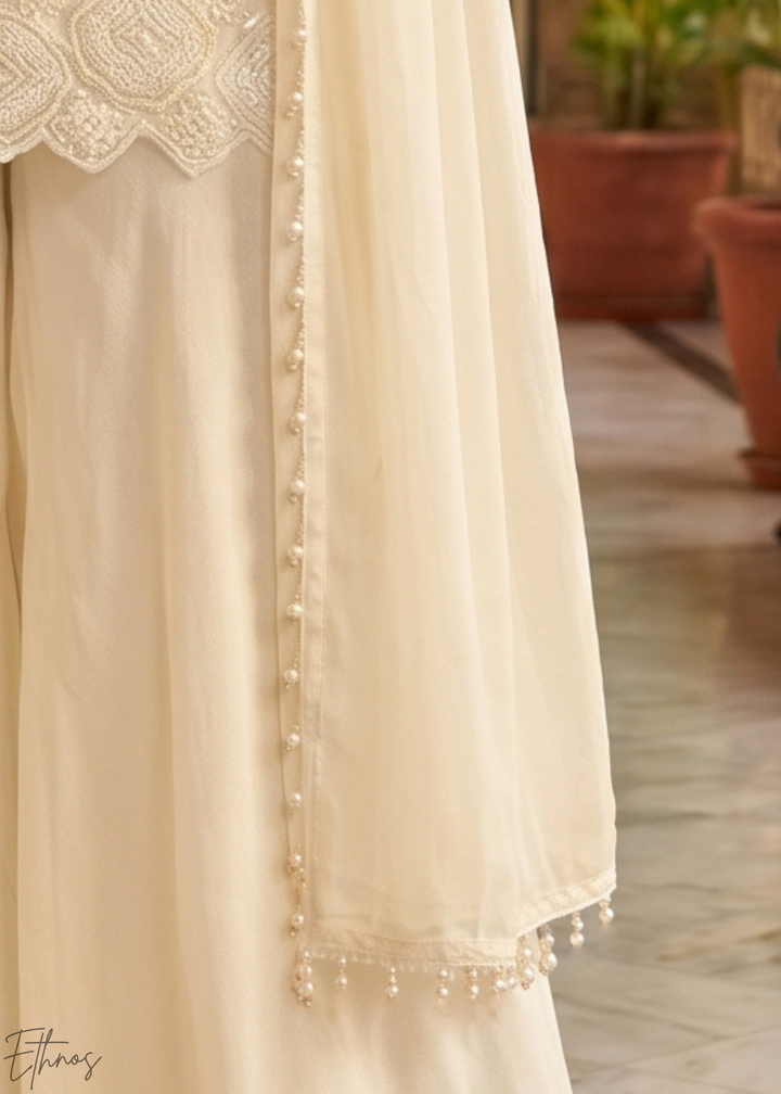 Ivory White Fine-Beaded Chinon Sharara Suit