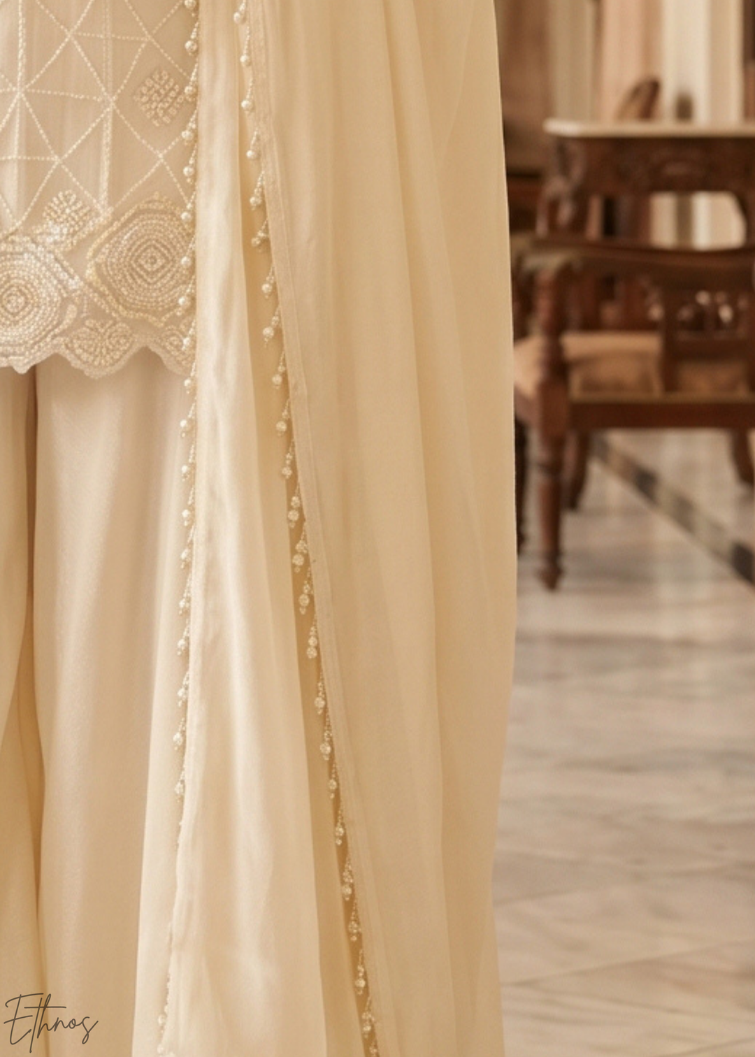 Ivory White Fine-Beaded Chinon Sharara Suit