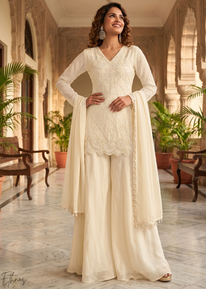 Ivory White Fine-Beaded Chinon Sharara Suit