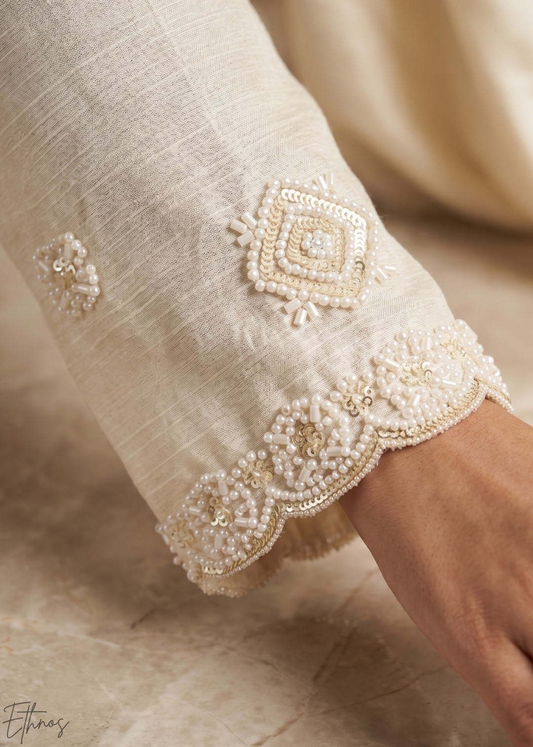 Ivory White Fine-Beaded Chinon Sharara Suit