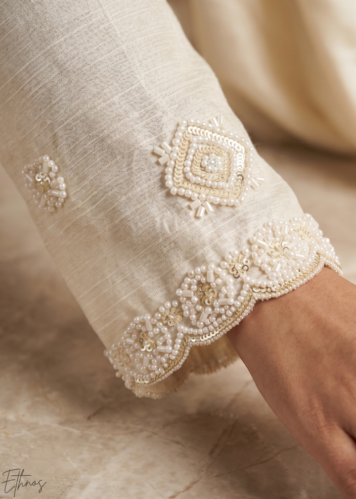 Ivory White Fine-Beaded Chinon Sharara Suit