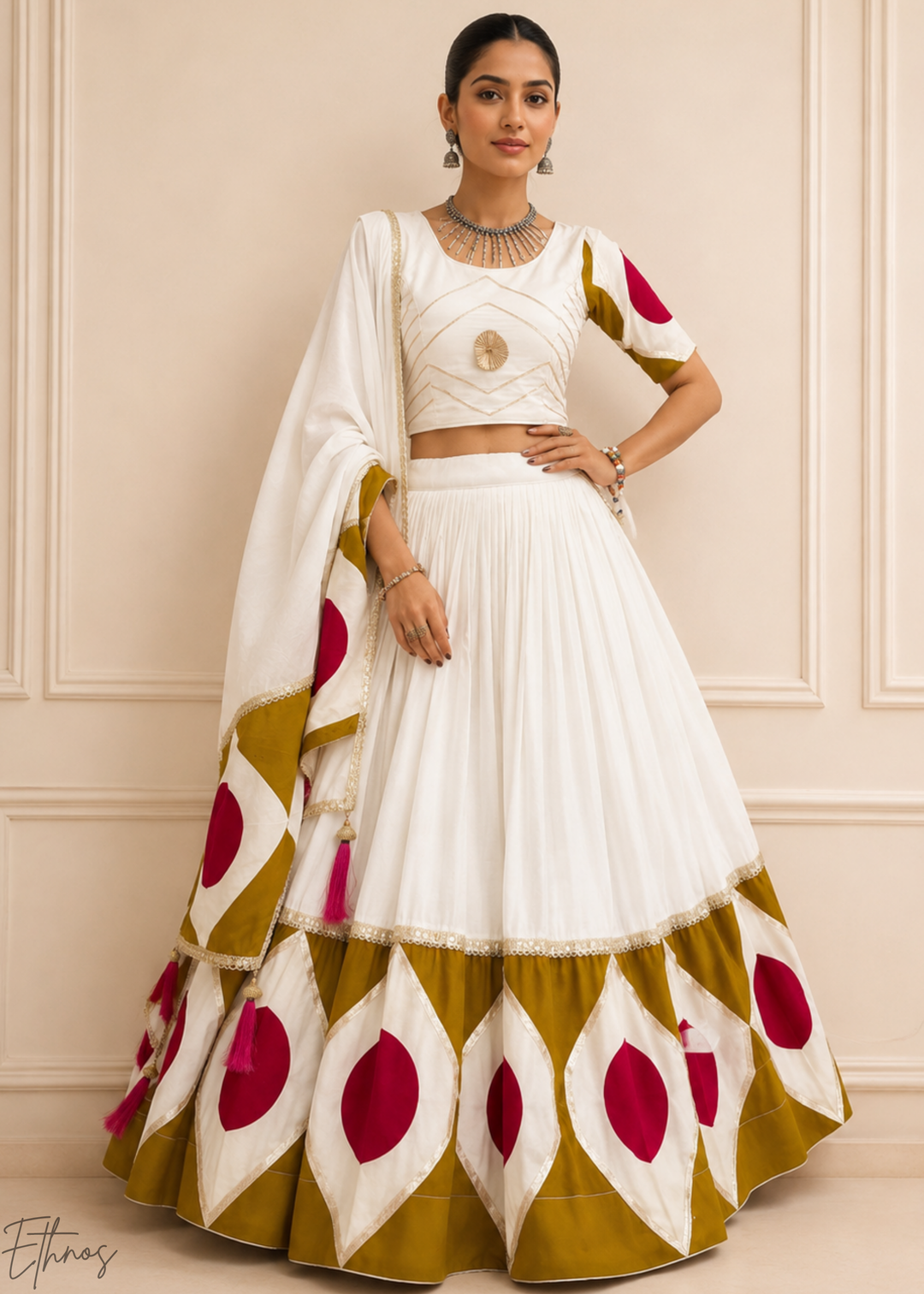 Ivory White Geometric Patchwork Cotton Silk Lehenga Choli