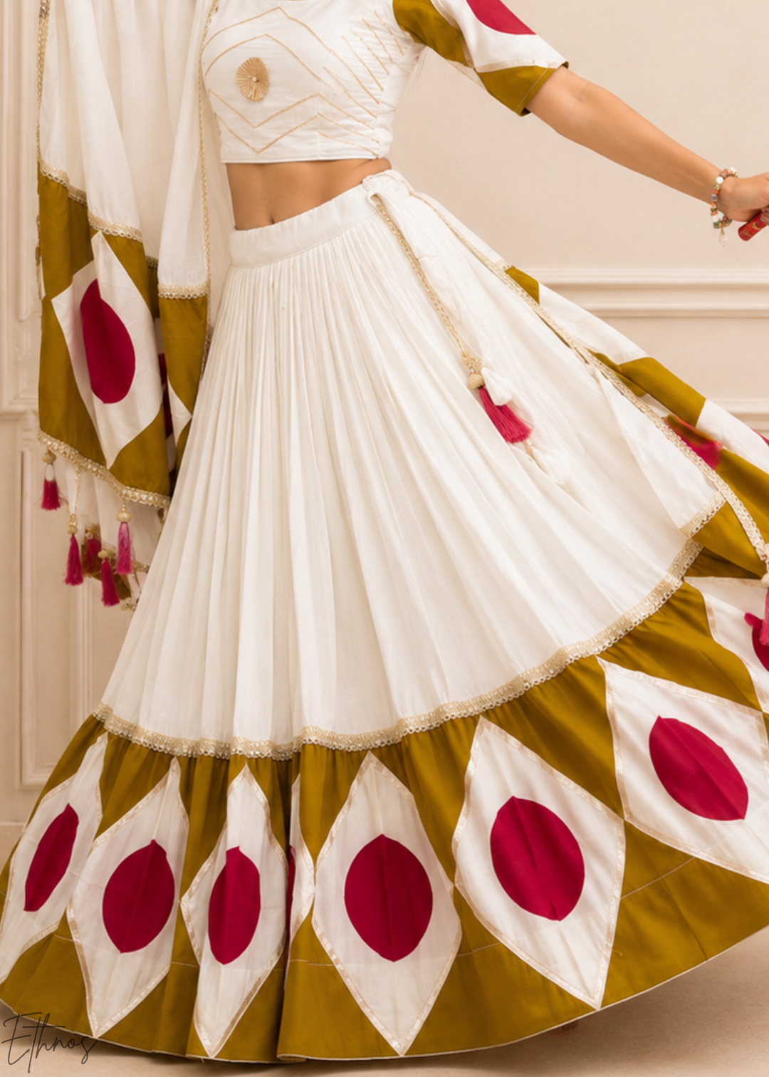 Ivory White Geometric Patchwork Cotton Silk Lehenga Choli