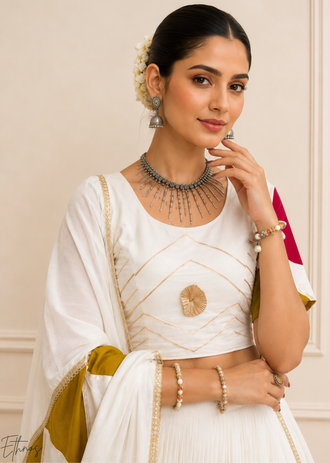 Ivory White Geometric Patchwork Cotton Silk Lehenga Choli