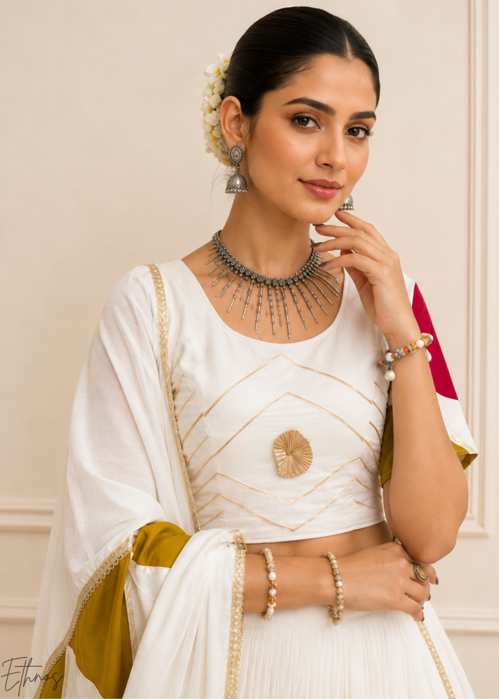 Ivory White Geometric Patchwork Cotton Silk Lehenga Choli