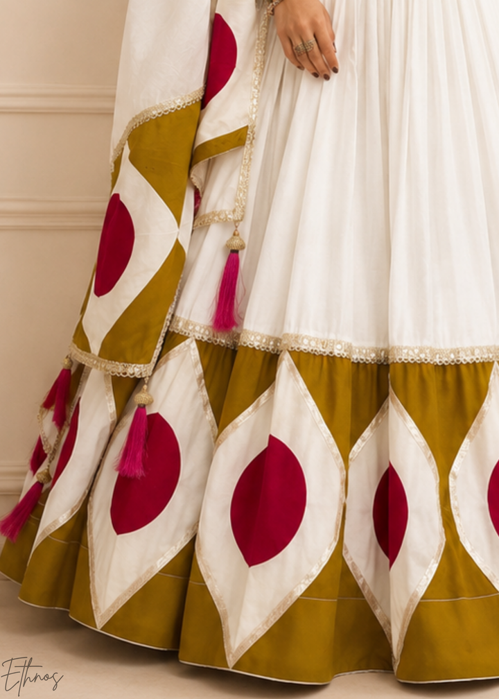 Ivory White Geometric Patchwork Cotton Silk Lehenga Choli