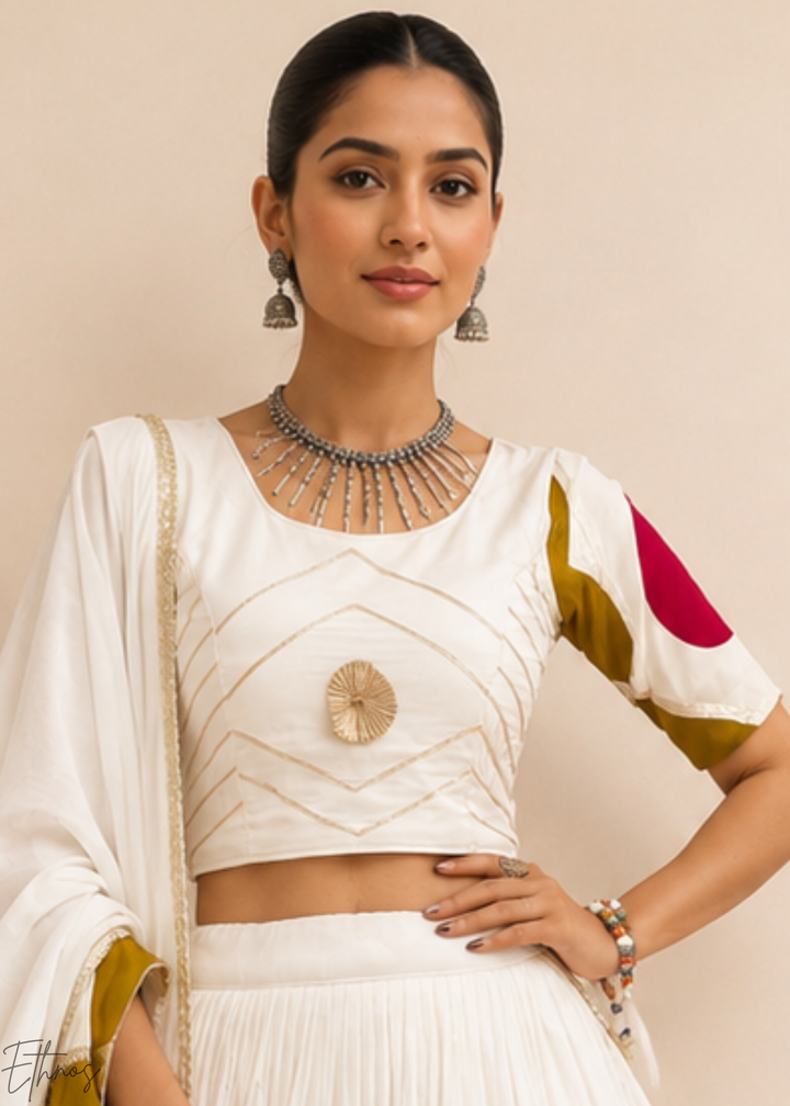 Ivory White Geometric Patchwork Cotton Silk Lehenga Choli