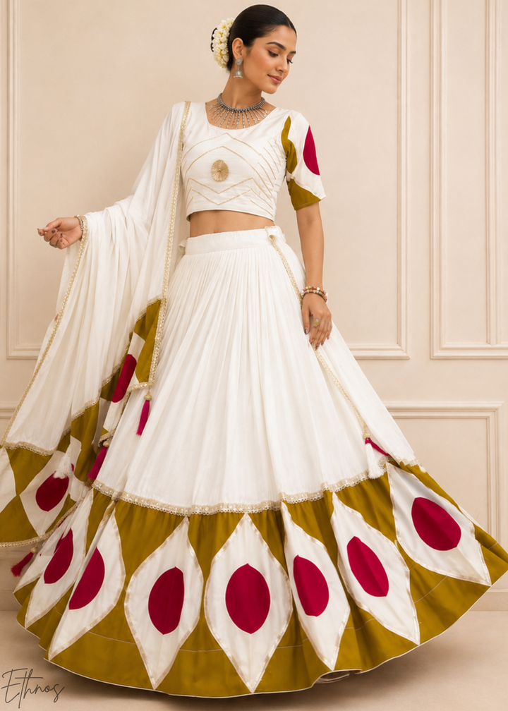 Ivory White Geometric Patchwork Cotton Silk Lehenga Choli