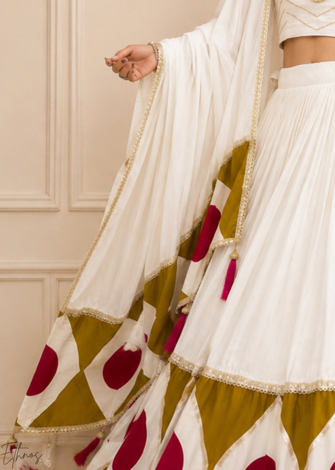 Ivory White Geometric Patchwork Cotton Silk Lehenga Choli