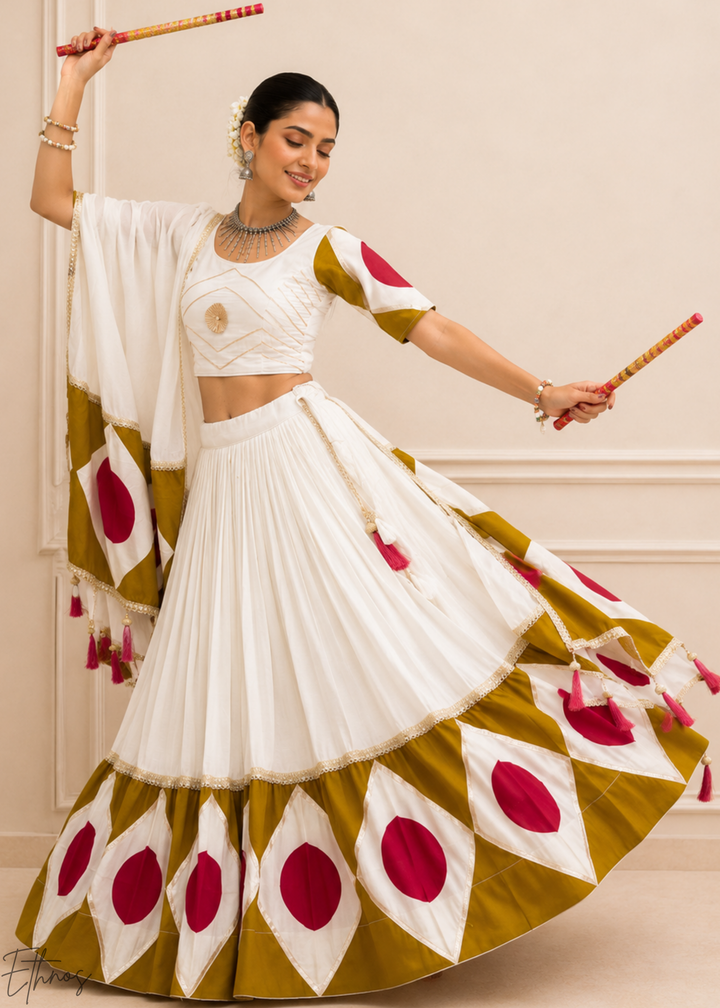 Ivory White Geometric Patchwork Cotton Silk Lehenga Choli