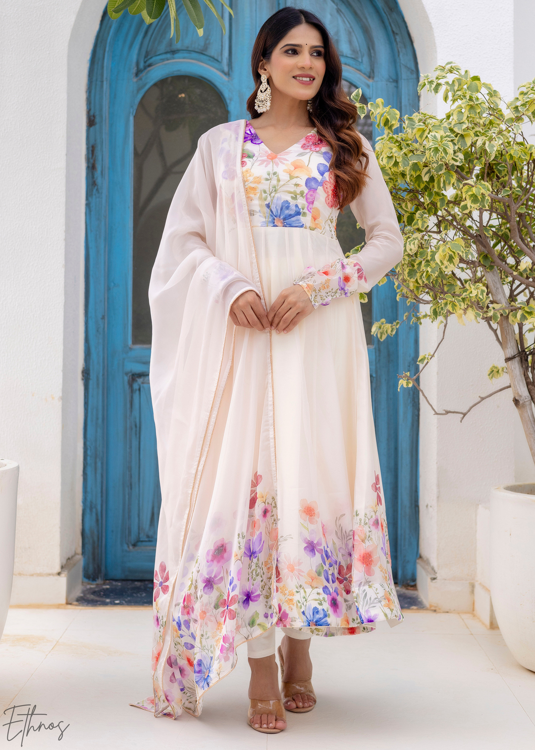 Ivory White Iris-Meadow Organza Anarkali Suit