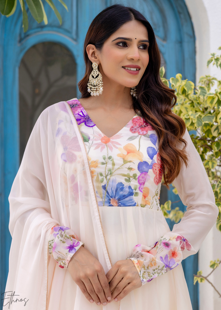 Ivory White Iris-Meadow Organza Anarkali Suit
