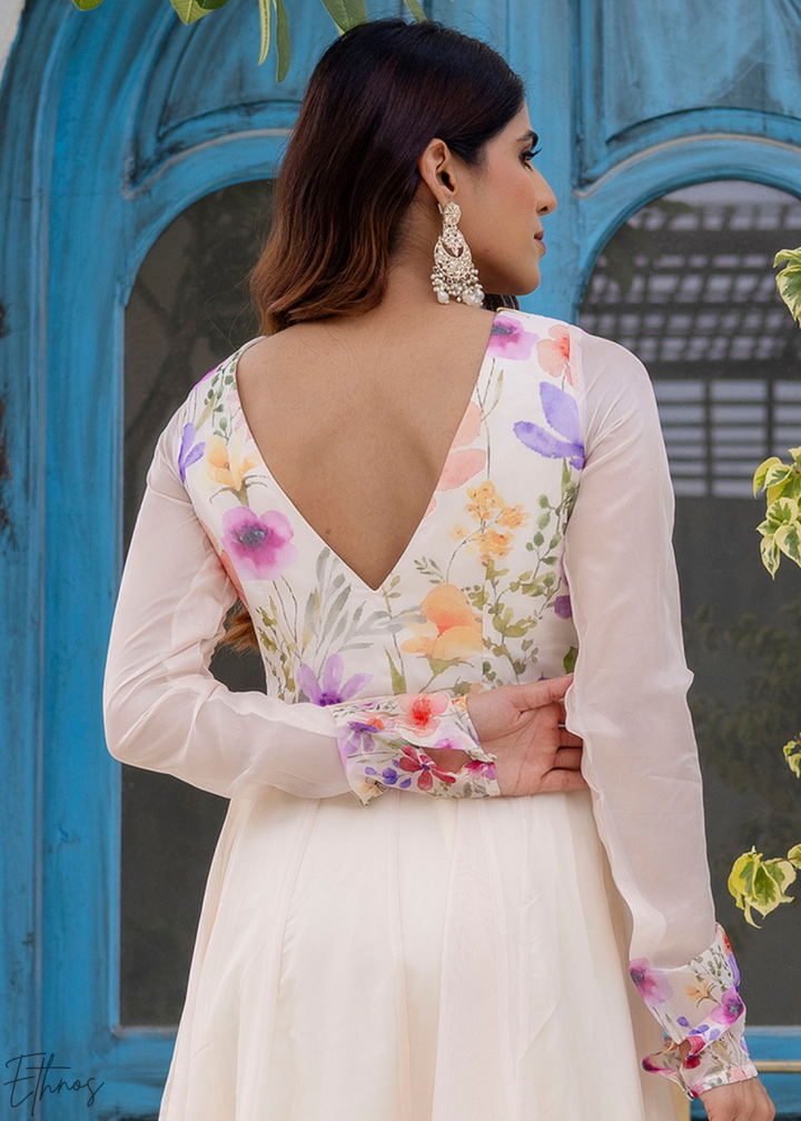 Ivory White Iris-Meadow Organza Anarkali Suit