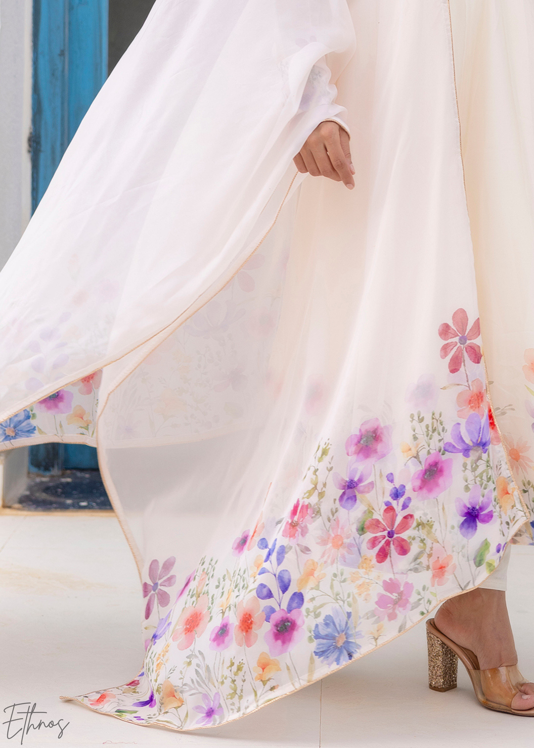 Ivory White Iris-Meadow Organza Anarkali Suit