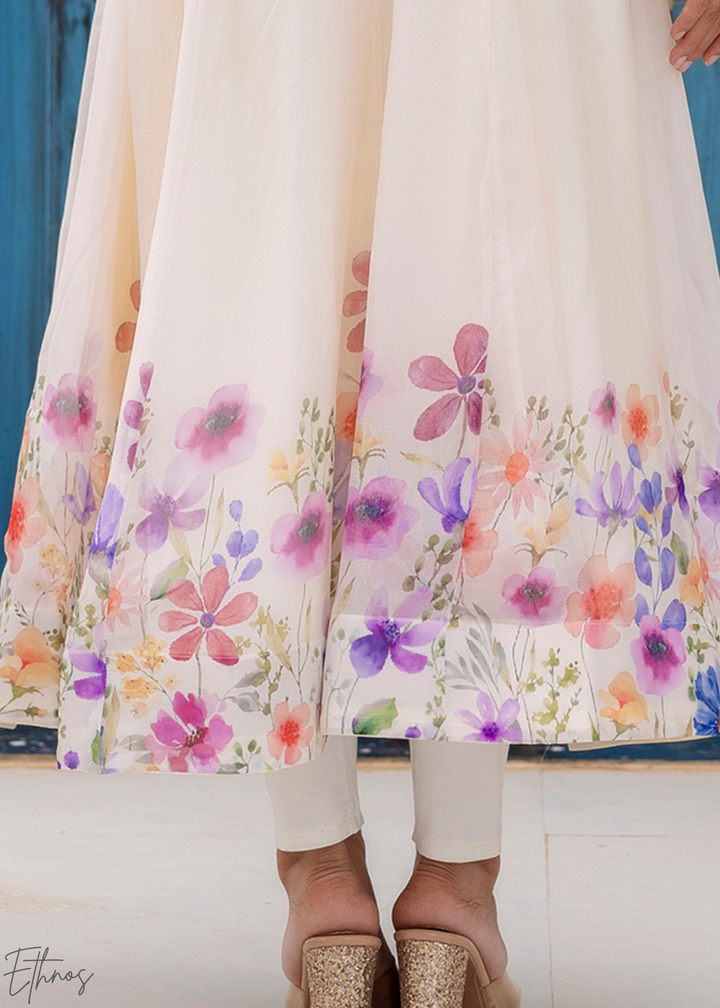 Ivory White Iris-Meadow Organza Anarkali Suit