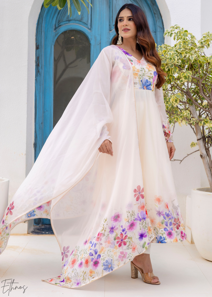Ivory White Iris-Meadow Organza Anarkali Suit