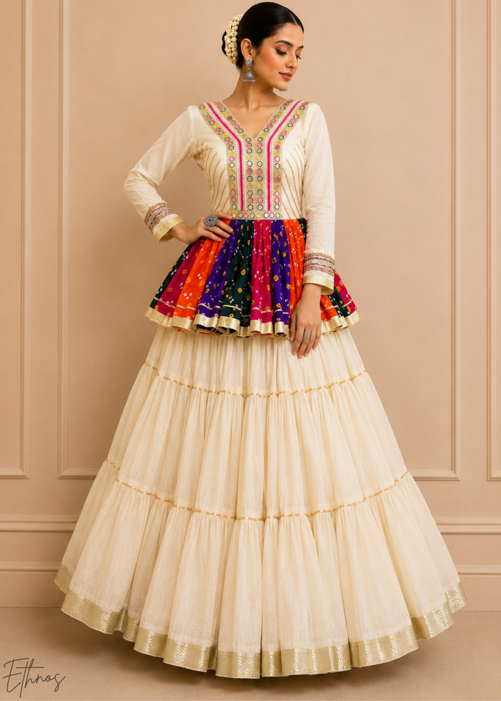 Ivory White Paneled Bandhani Cotton Peplum Lehenga Set