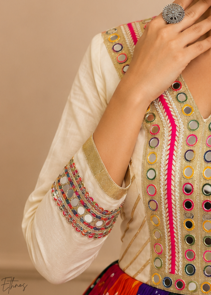 Ivory White Paneled Bandhani Cotton Peplum Lehenga Set