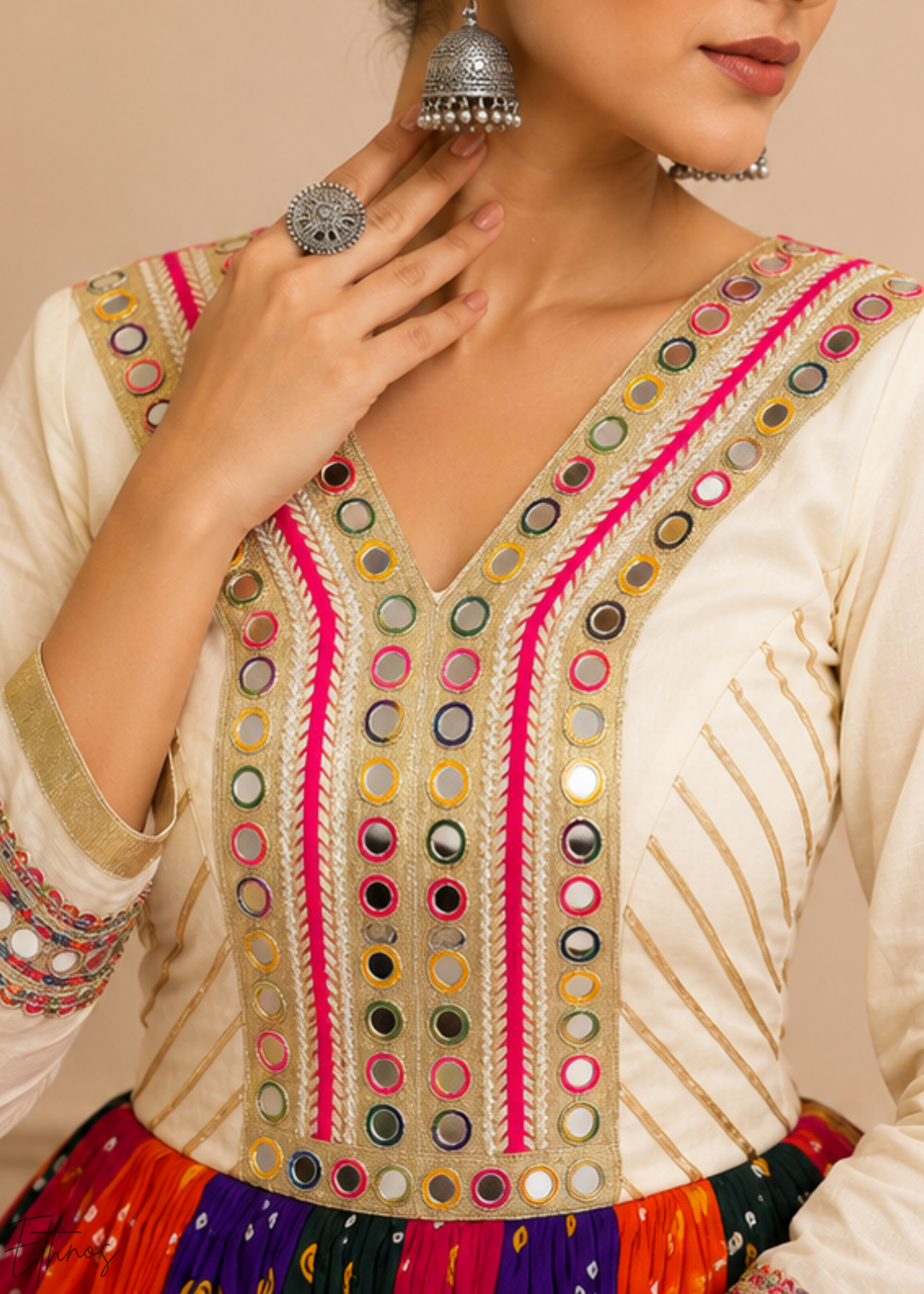 Ivory White Paneled Bandhani Cotton Peplum Lehenga Set