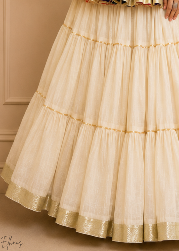Ivory White Paneled Bandhani Cotton Peplum Lehenga Set
